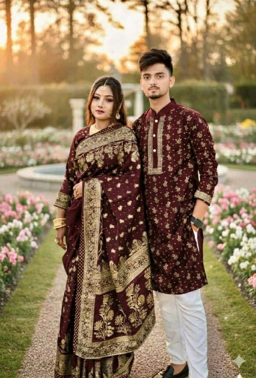 Elegant Couple's Sharee and Panjabi Set with Blouse Piece for Special Occasions % Elegant Couple's Sharee and Panjabi Set with Blouse Piece for Special Occasions