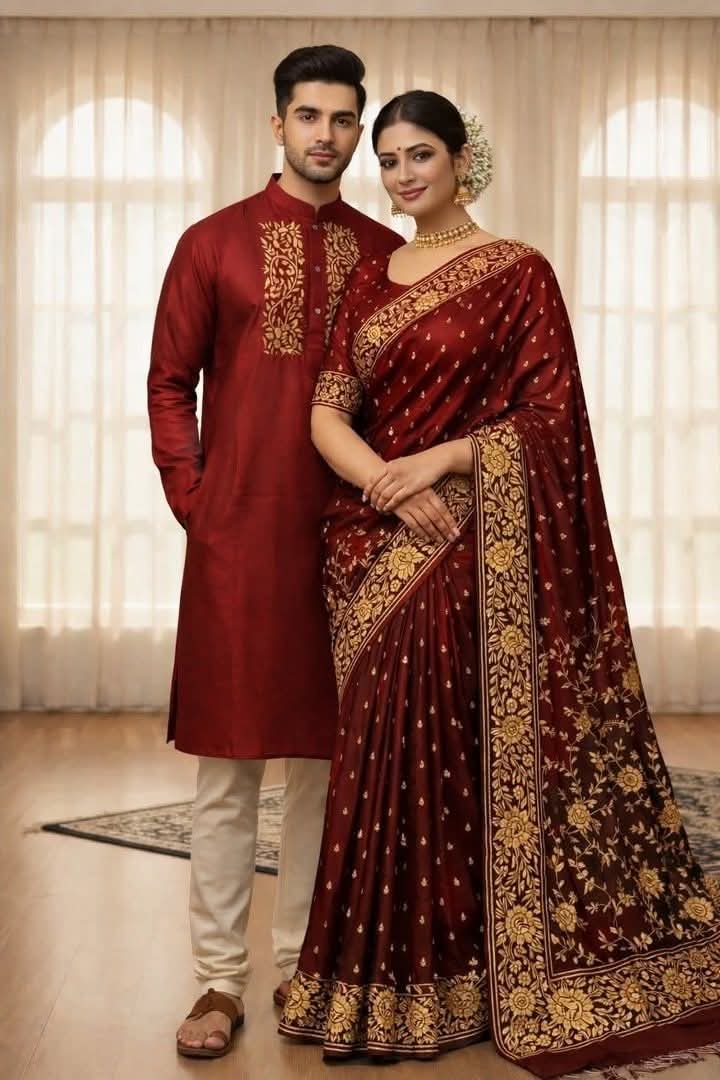 Elegant Couple's Sharee and Panjabi Set with Blouse Piece for Special Occasions % Elegant Couple's Sharee and Panjabi Set with Blouse Piece for Special Occasions