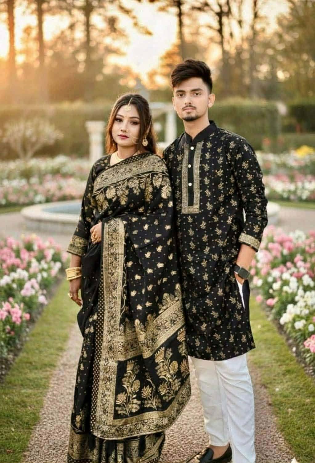 Elegant Couple's Sharee and Panjabi Set with Blouse Piece for Special Occasions % Elegant Couple's Sharee and Panjabi Set with Blouse Piece for Special Occasions