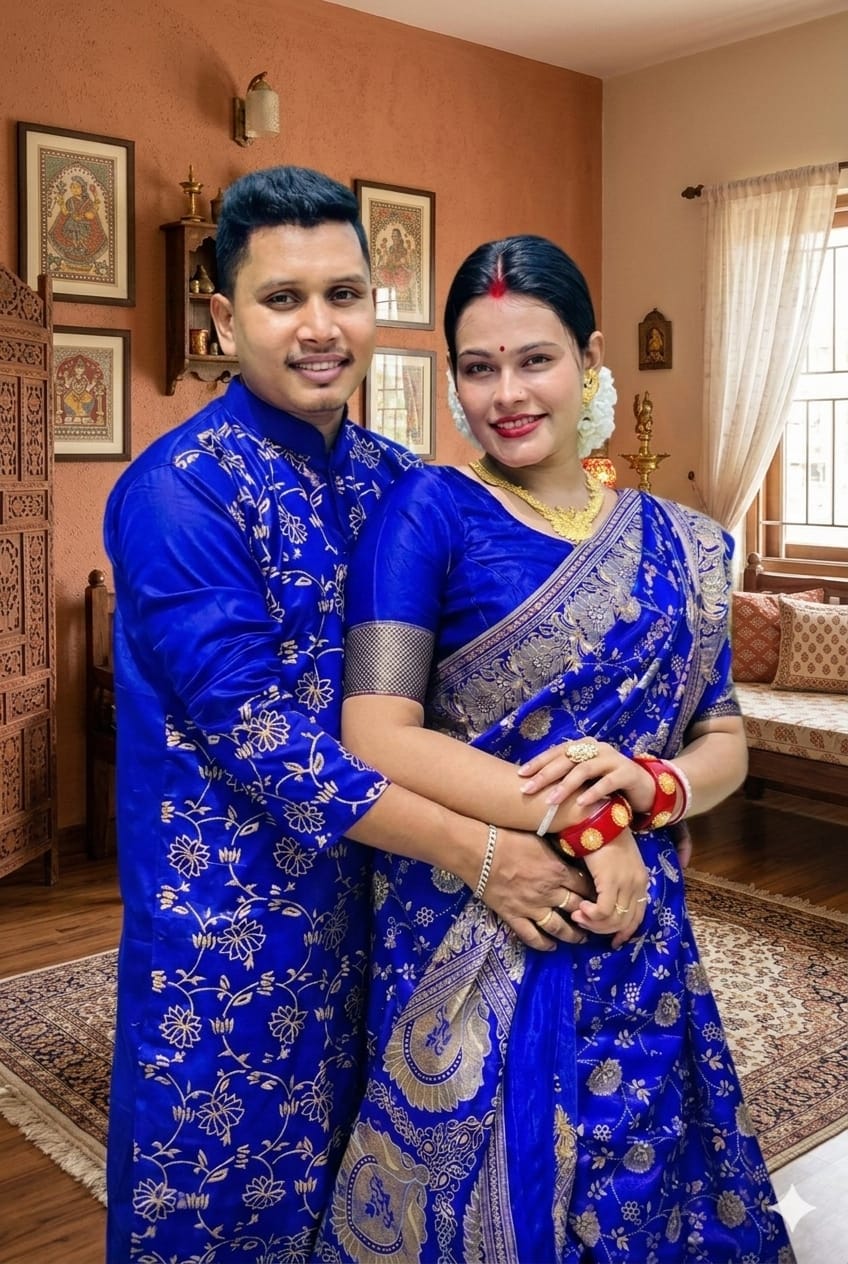 Elegant Couple's Sharee and Panjabi Set with Blouse Piece for Special Occasions % Elegant Couple's Sharee and Panjabi Set with Blouse Piece for Special Occasions