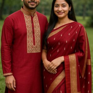 Elegant Couple's Sharee and Panjabi Set with Blouse Piece for Special Occasions