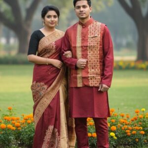 Elegant Couple's Sharee and Panjabi Set with Stylish Koti