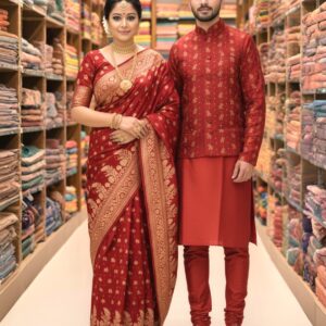 Elegant Couple's Sharee and Panjabi Set with Stylish Koti for Special Occasions