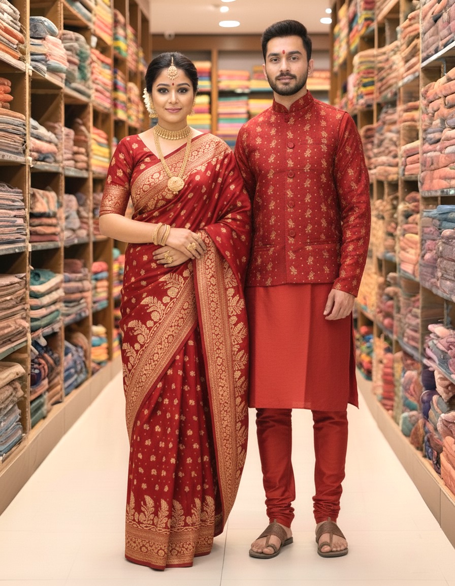 Elegant Couple's Sharee and Panjabi Set with Stylish Koti for Special Occasions % Elegant Couple's Sharee and Panjabi Set with Stylish Koti for Special Occasions