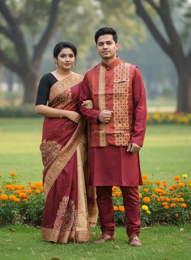 Elegant Couple's Sharee and Panjabi Set with Stylish Koti % Elegant Couple's Sharee and Panjabi Set with Stylish Koti