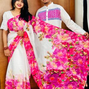 Elegant Couple's Sharee Panjabi Set with Blouse Piece for Festive Occasions