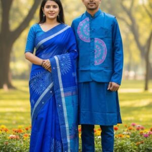 Elegant Couple's Sharee Panjabi Set with Stylish Koti for Festive Occasions