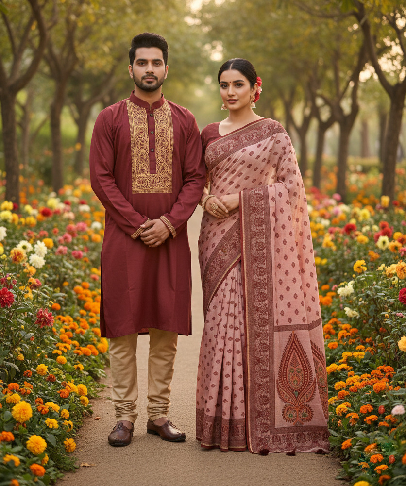 Elegant Couple's Sharee Set – Premium Quality Traditional Attire for Him & Her % Elegant Couple's Sharee Set – Premium Quality Traditional Attire for Him & Her