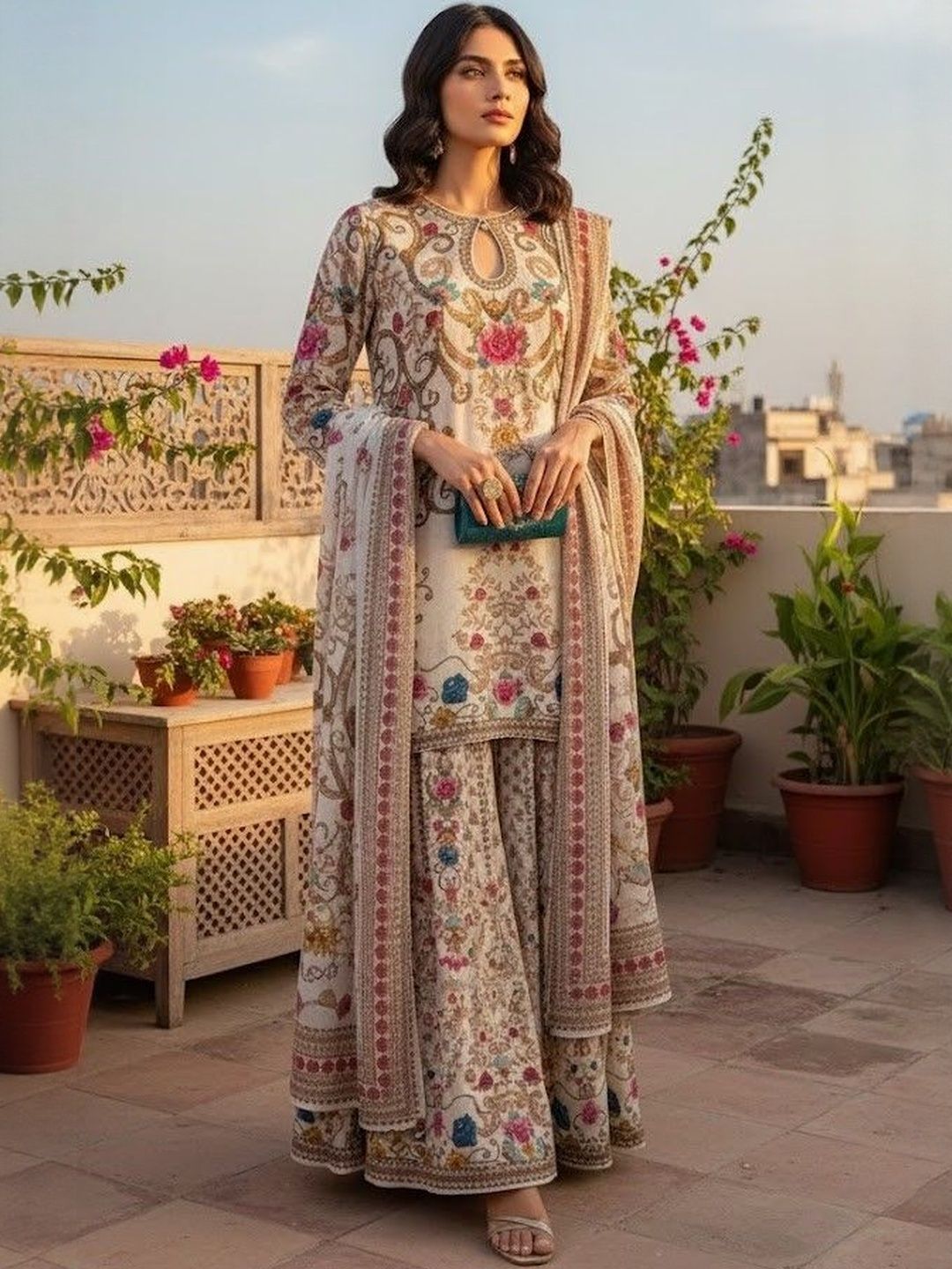 Elegant Eid Three-Piece Digital Print Set for Festive Celebrations % Elegant Eid Three-Piece Digital Print Set for Festive Celebrations
