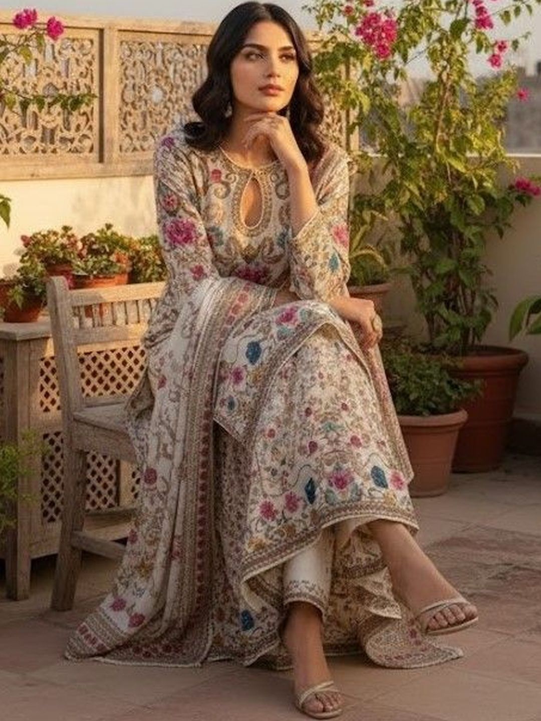 Elegant Eid Three-Piece Digital Print Set for Festive Celebrations % Elegant Eid Three-Piece Digital Print Set for Festive Celebrations