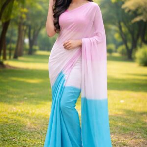 Elegant Georgette Sari in Vibrant Rongdhonu Design - Perfect for Special Occasions