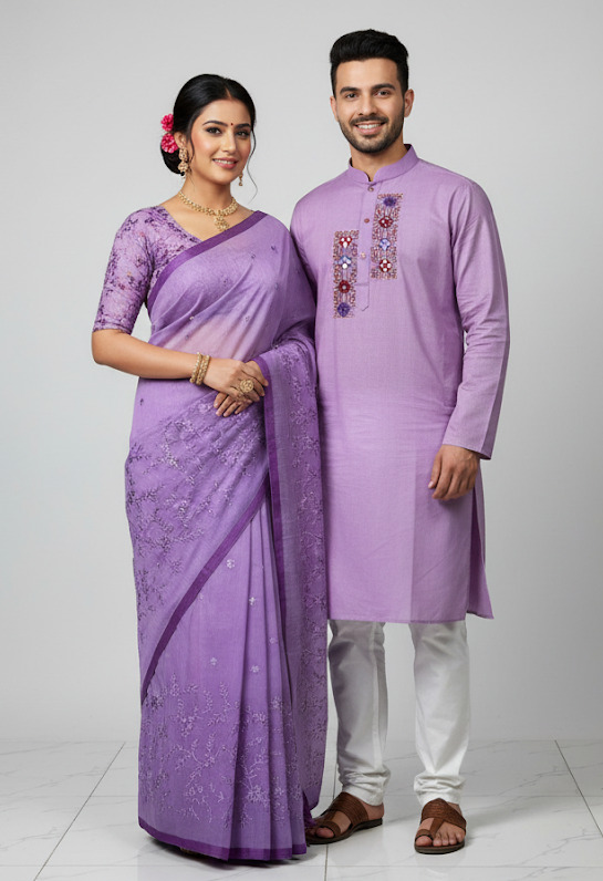 Elegant Matching Sharee and Panjabi Set for Couples – Premium Quality % Elegant Matching Sharee and Panjabi Set for Couples – Premium Quality
