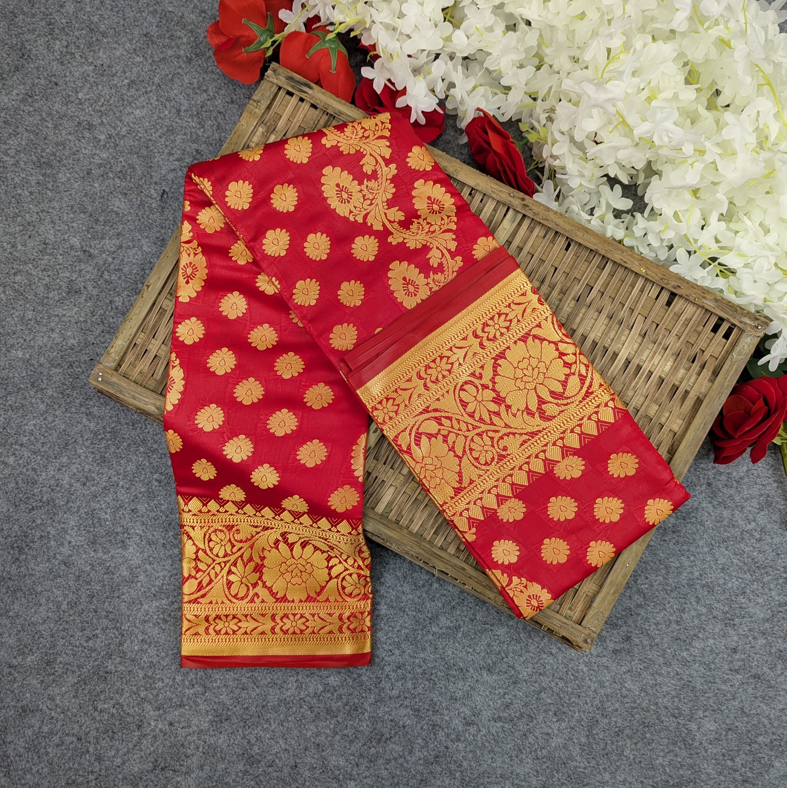 Elegant Red Silk Katan Saree Set - Luxury Combo for Special Occasions % Elegant Red Silk Katan Saree Set - Luxury Combo for Special Occasions