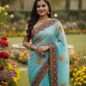 Elegant Semi-Moslin Saree with Exquisite Embroidery Design