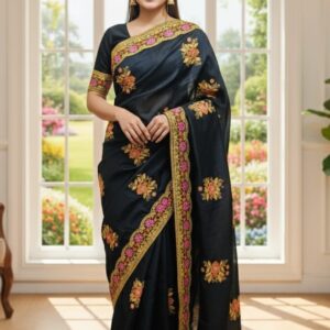 Elegant Semi-Moslin Saree with Exquisite Embroidery for Sophisticated Style