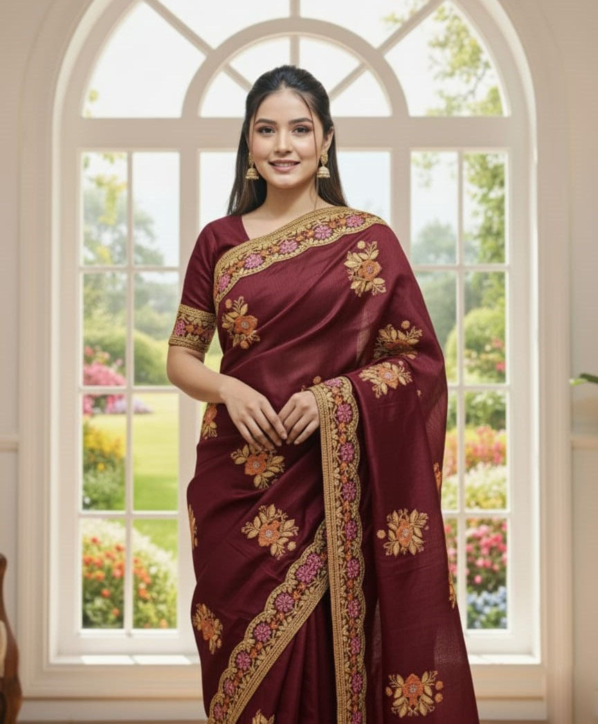 Elegant Semi-Moslin Saree with Exquisite Embroidery for Special Occasions % Elegant Semi-Moslin Saree with Exquisite Embroidery for Special Occasions