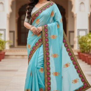 Elegant Semi-Moslin Saree with Exquisite Embroidery for Special Occasions