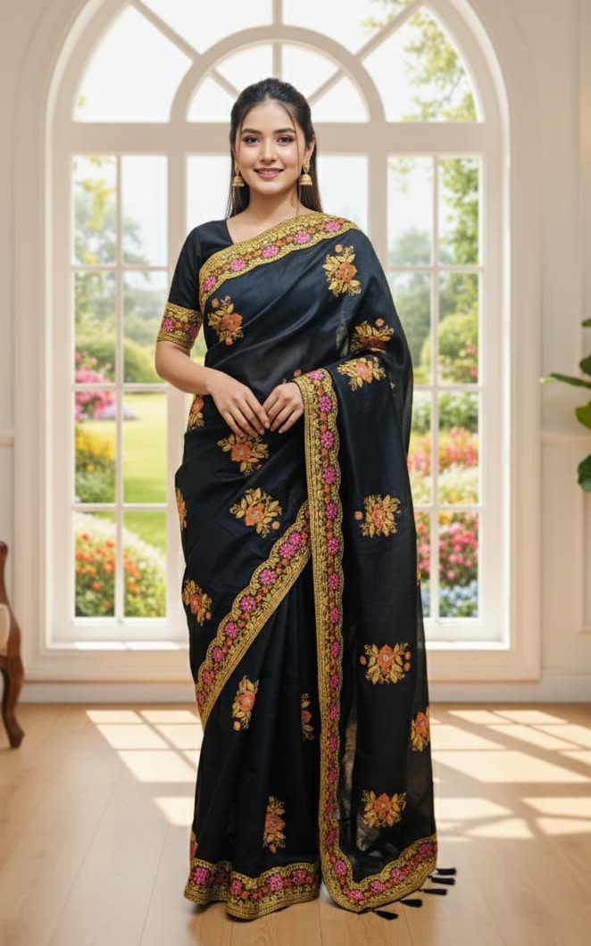 Elegant Semi-Moslin Saree with Exquisite Embroidery for Special Occasions % Elegant Semi-Moslin Saree with Exquisite Embroidery for Special Occasions