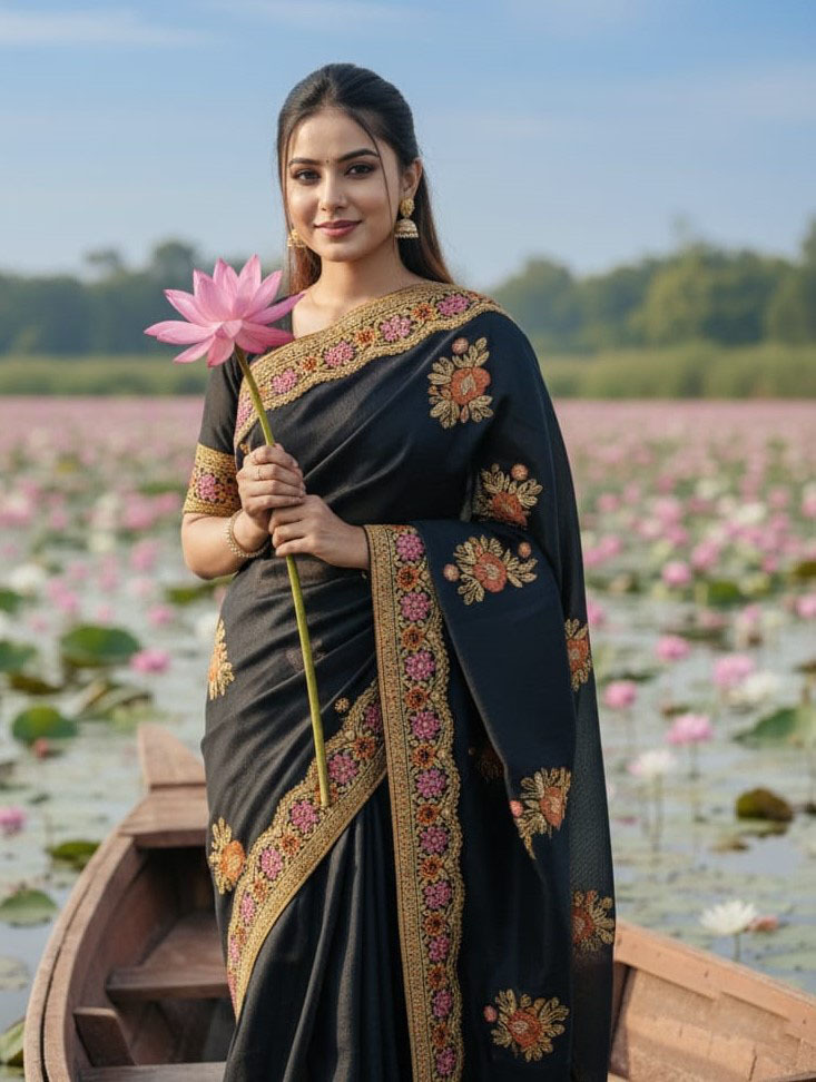 Elegant Semi-Moslin Saree with Exquisite Embroidery for Special Occasions % Elegant Semi-Moslin Saree with Exquisite Embroidery for Special Occasions