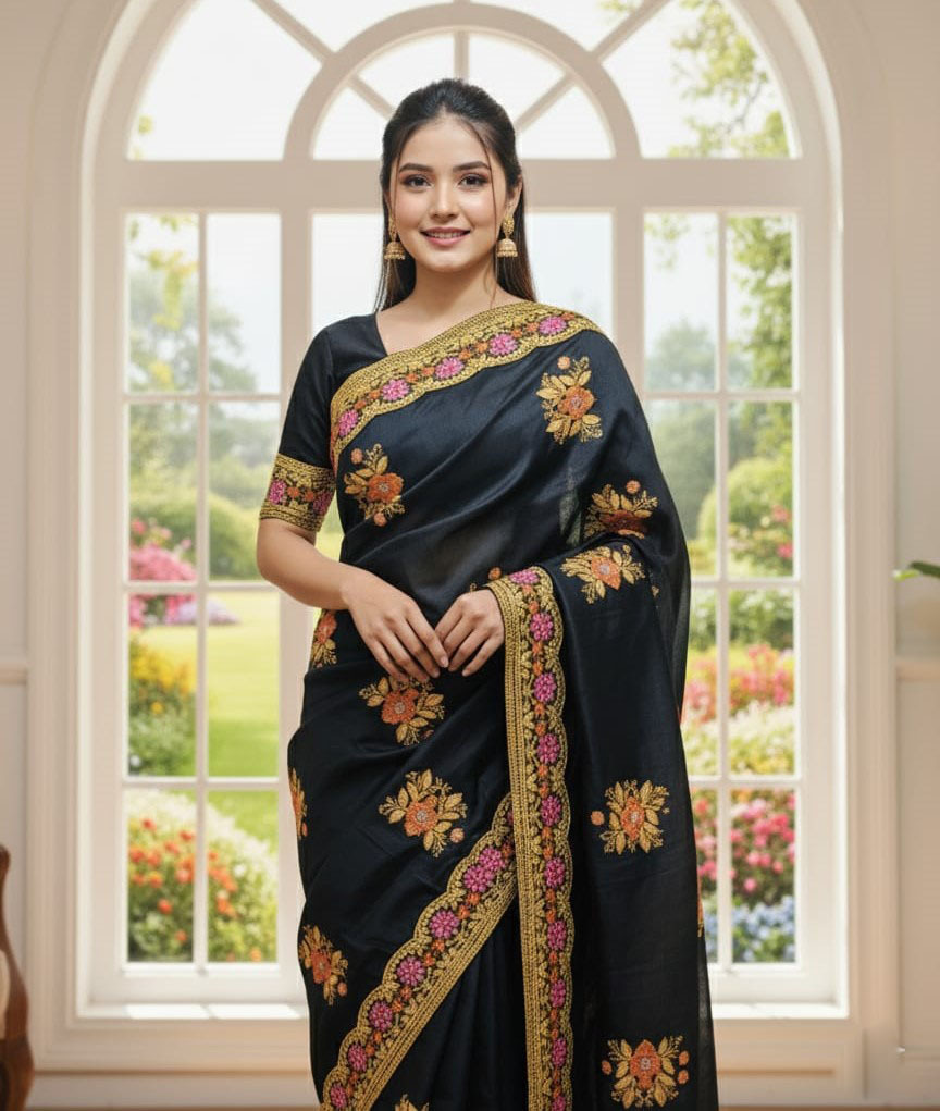 Elegant Semi-Moslin Saree with Exquisite Embroidery for Special Occasions % Elegant Semi-Moslin Saree with Exquisite Embroidery for Special Occasions