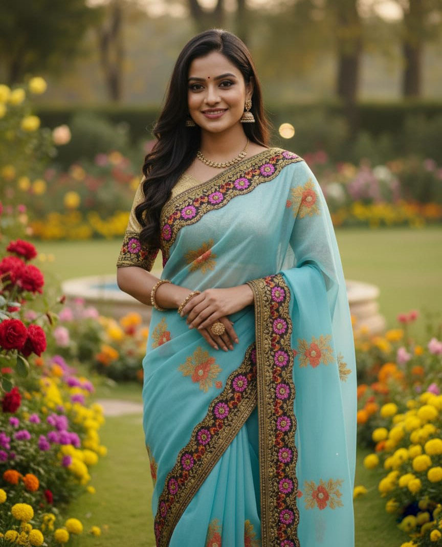 Elegant Semi-Moslin Saree with Exquisite Embroidery for Special Occasions % Elegant Semi-Moslin Saree with Exquisite Embroidery for Special Occasions