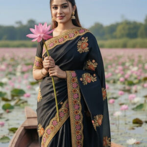 Elegant Semi-Moslin Saree with Exquisite Embroidery for Timeless Style