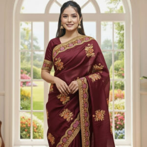 Elegant Semi-Moslin Saree with Exquisite Embroidery for Timeless Style