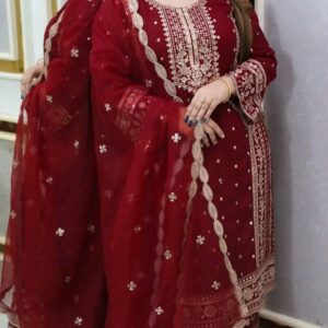 Elegant Sequined Embroidered Three-Piece Soft Jorjet Set