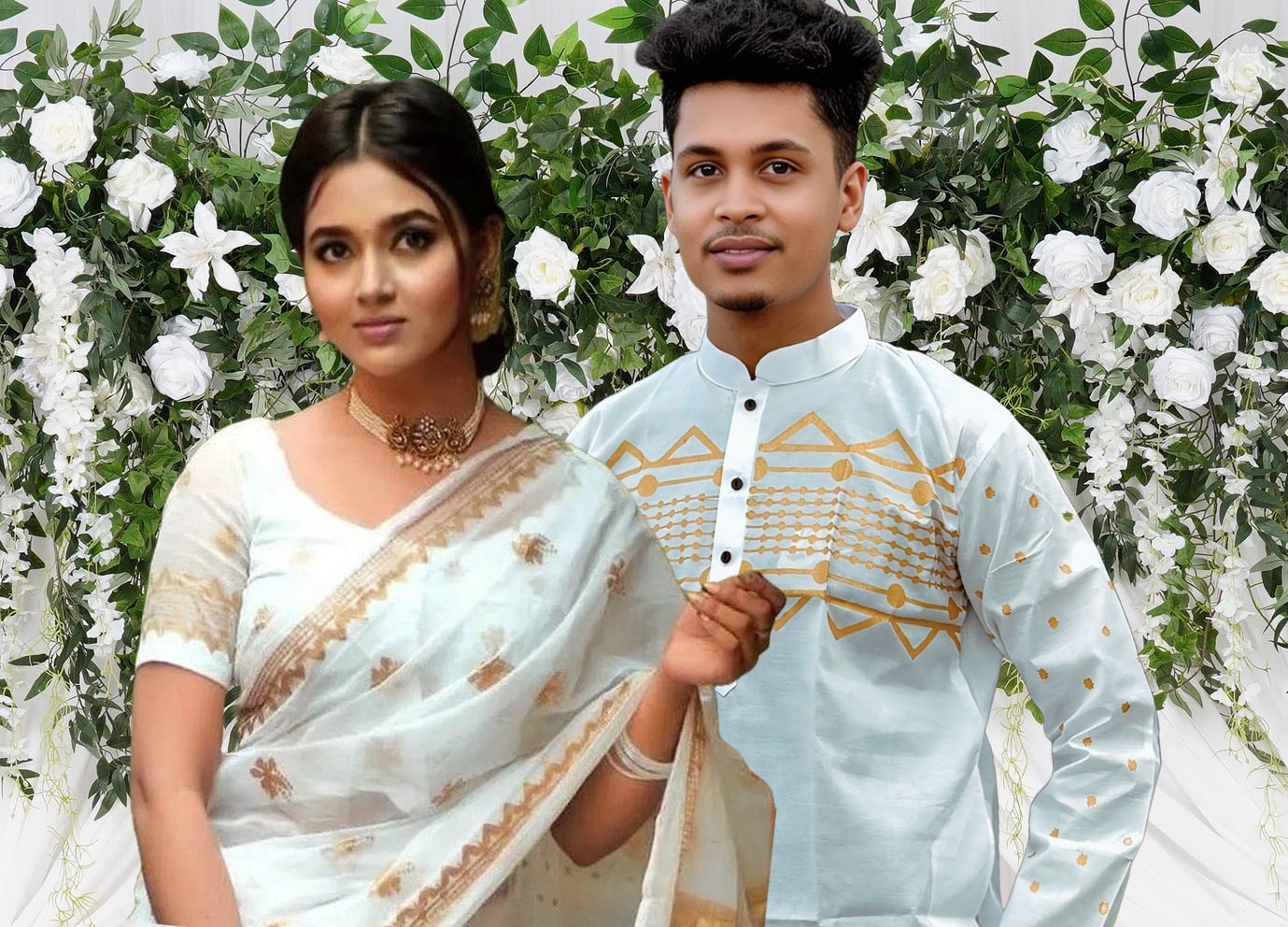 Elegant Sharee and Panjabi Couple Ensemble for Timeless Style % Elegant Sharee and Panjabi Couple Ensemble for Timeless Style