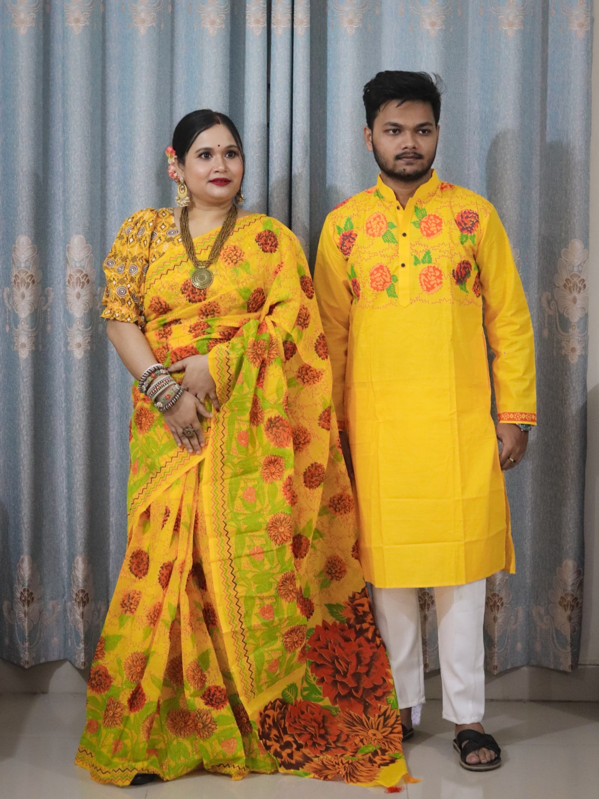 Elegant Sharee and Panjabi Couple Set - Perfect for Festive Occasions % Elegant Sharee and Panjabi Couple Set - Perfect for Festive Occasions