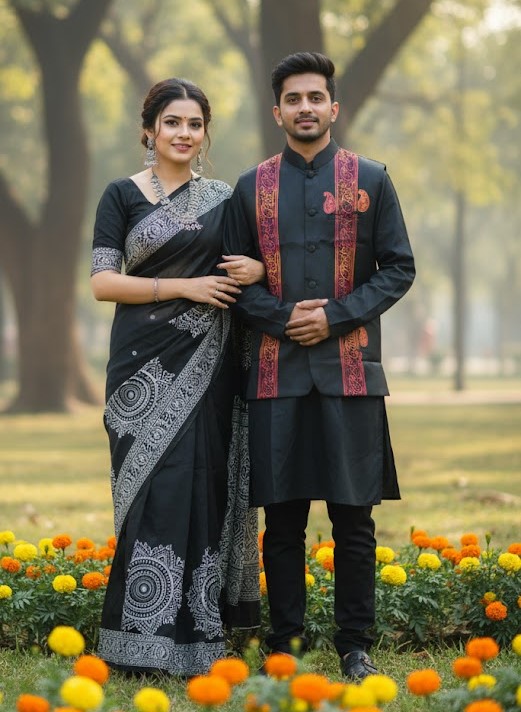 Elegant Sharee and Panjabi Set for Couples with Stylish Koti % Elegant Sharee and Panjabi Set for Couples with Stylish Koti