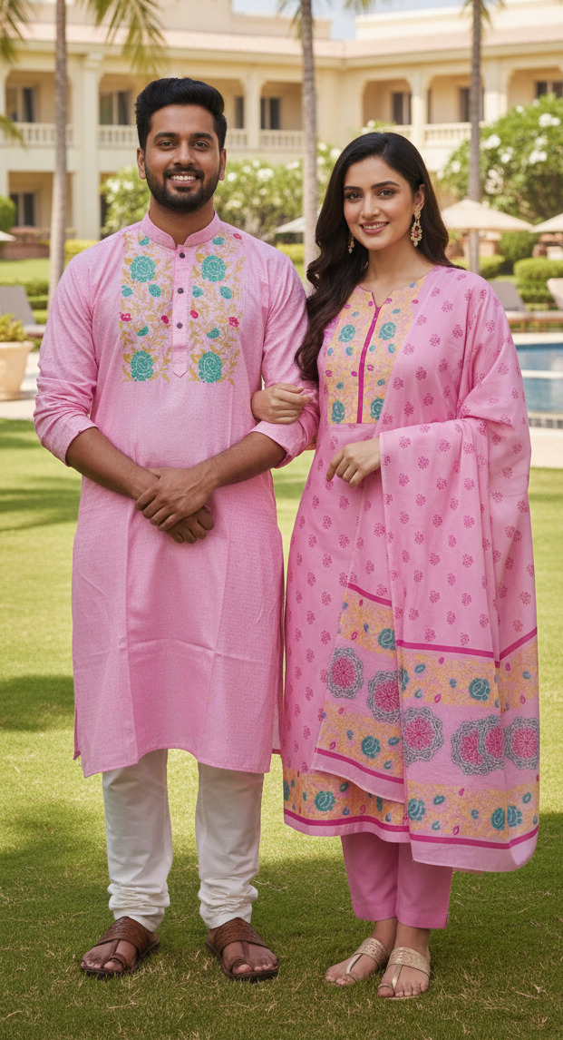 Elegant Three-Piece Couple Panjabi Set for Special Occasions % Elegant Three-Piece Couple Panjabi Set for Special Occasions
