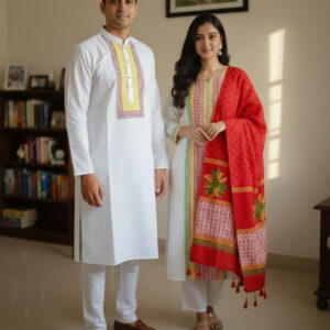 Elegant Three-Piece Couple Panjabi Set - Premium Cotton Blend