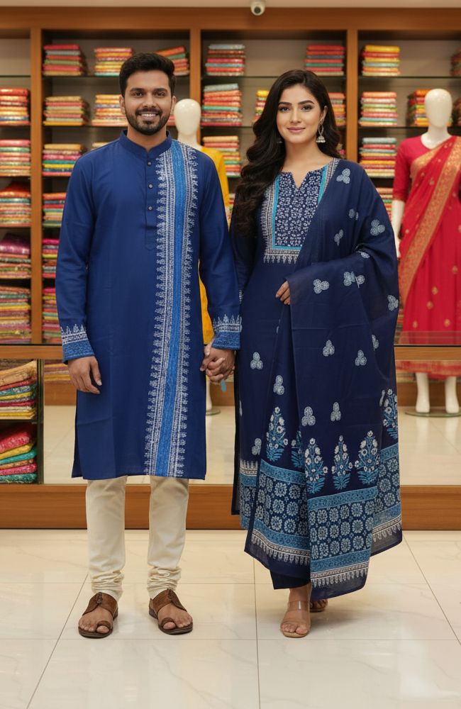 Elegant Three-Piece Panjabi Couple Set for Stylish Celebrations % Elegant Three-Piece Panjabi Couple Set for Stylish Celebrations