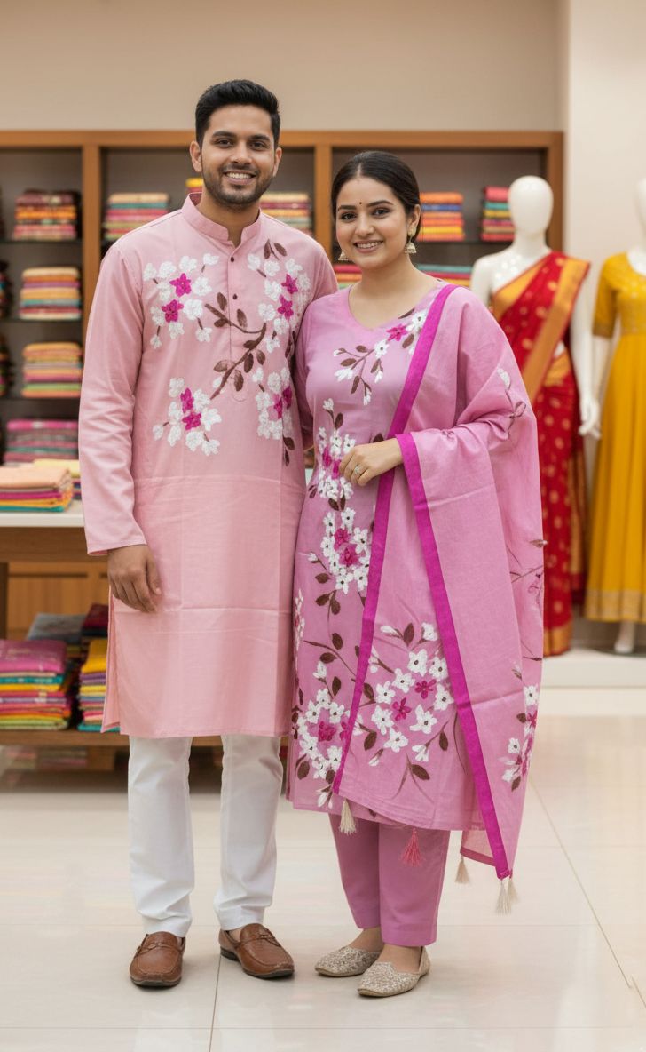 Elegant Three-Piece Panjabi Couple Set for Stylish Celebrations % Elegant Three-Piece Panjabi Couple Set for Stylish Celebrations