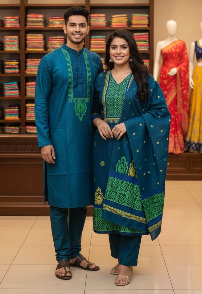 Elegant Three-Piece Panjabi Couple Set for Stylish Celebrations % Elegant Three-Piece Panjabi Couple Set for Stylish Celebrations