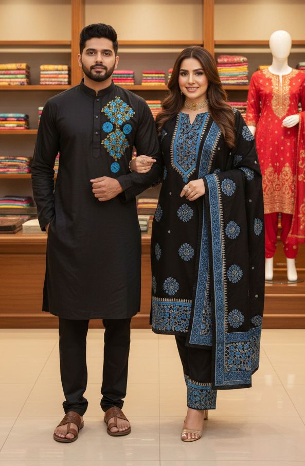 Elegant Three-Piece Panjabi Couple Set for Stylish Celebrations % Elegant Three-Piece Panjabi Couple Set for Stylish Celebrations