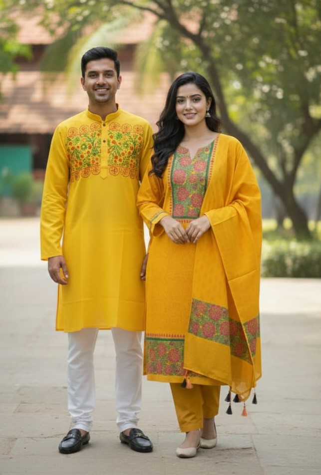 Elegant Three-Piece Panjabi Couple Set for Stylish Celebrations % Elegant Three-Piece Panjabi Couple Set for Stylish Celebrations