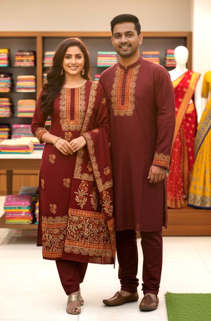 Elegant Three-Piece Panjabi Couple Set for Stylish Celebrations % Elegant Three-Piece Panjabi Couple Set for Stylish Celebrations