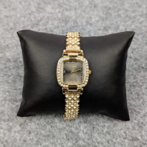 Elegant Women's Quartz Watch with Golden Stone Accents and Black Dial