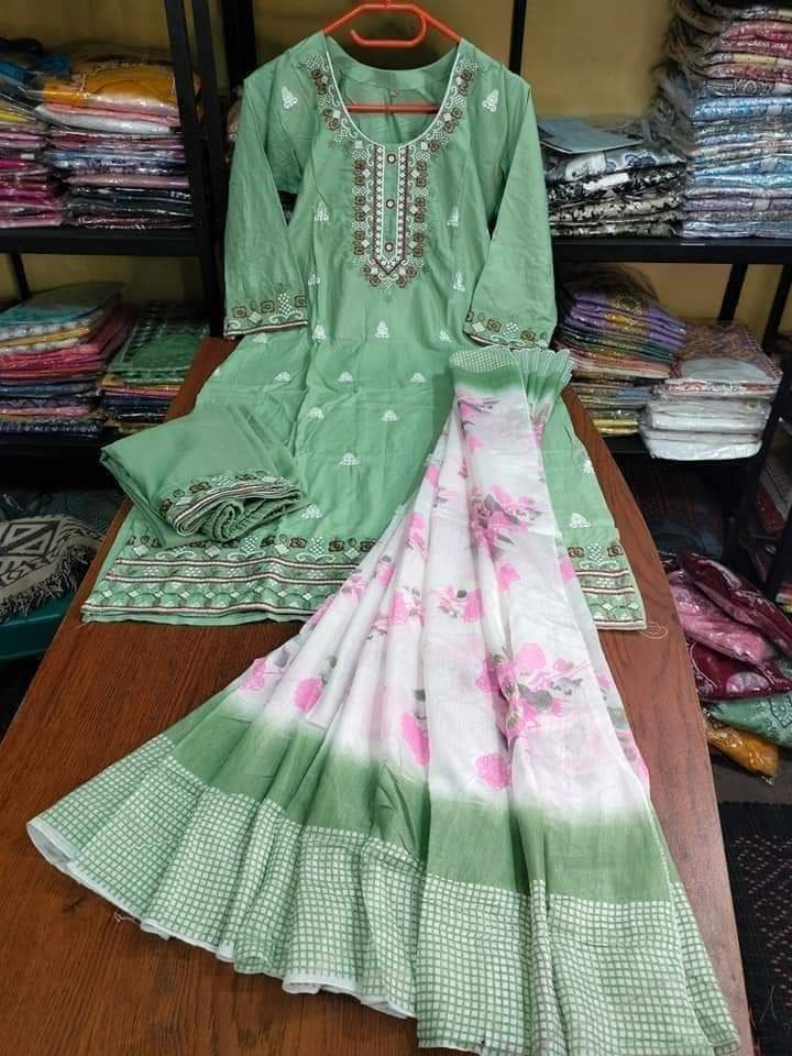 Embroidered Cotton Three-Piece Set - Elegant Ready-to-Wear Ensemble % Embroidered Cotton Three-Piece Set - Elegant Ready-to-Wear Ensemble