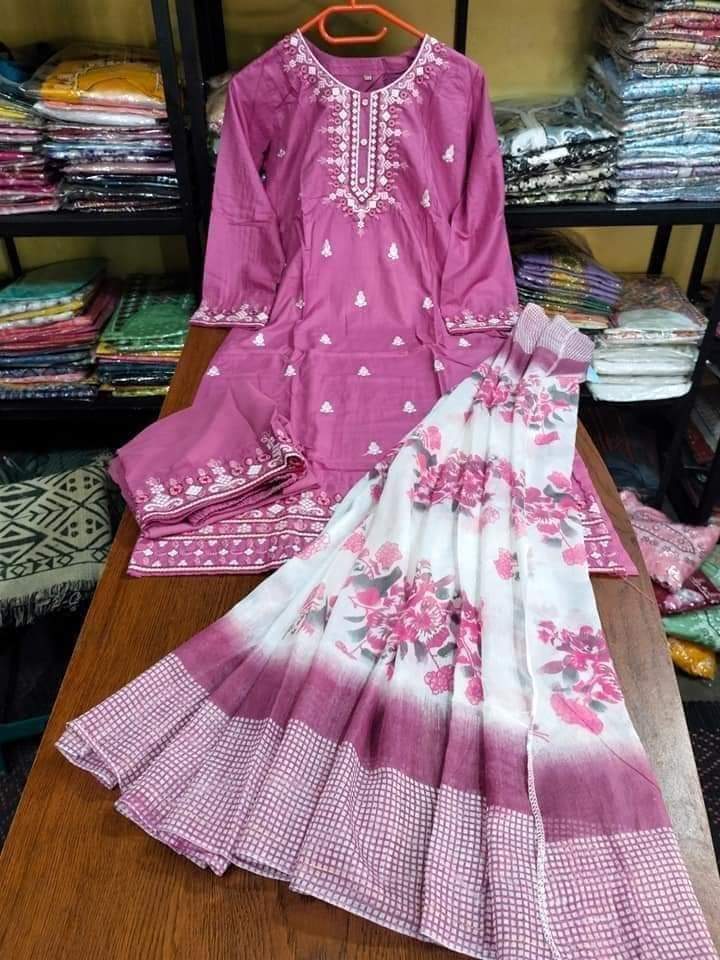 Embroidered Cotton Three-Piece Suit Set for Effortless Elegance % Embroidered Cotton Three-Piece Suit Set for Effortless Elegance