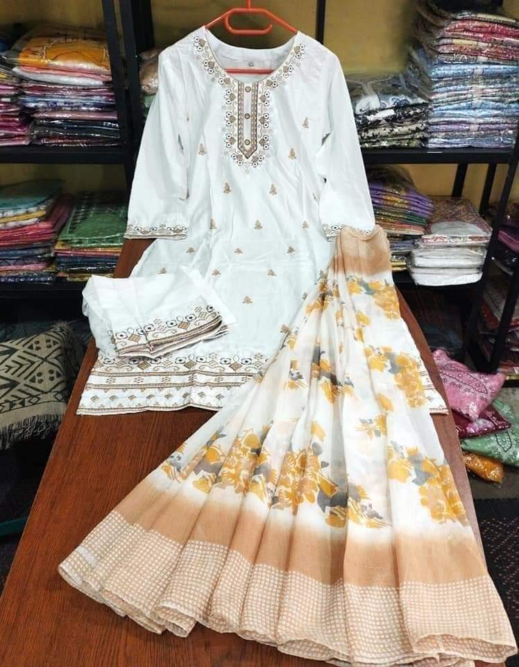 Embroidered Cotton Three-Piece Suit Set for Effortless Elegance % Embroidered Cotton Three-Piece Suit Set for Effortless Elegance