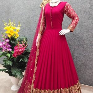 Embroidered Georgette Party Dress in Red – Elegant and Stylish Outfit