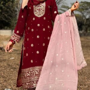 Embroidered Soft Jorjet Three-Piece Set for Elegant Occasions