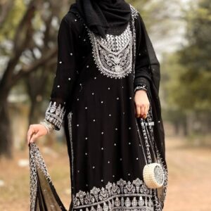 Embroidered Soft Jorjet Three-Piece Set with Elegant Sequins