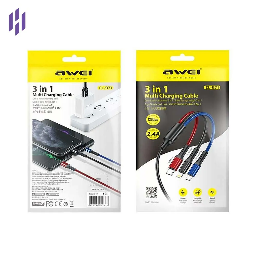 Fast Charging 3-in-1 Cable - Awei CL-971 2.4A, 1m Length % Fast Charging 3-in-1 Cable - Awei CL-971 2.4A, 1m Length