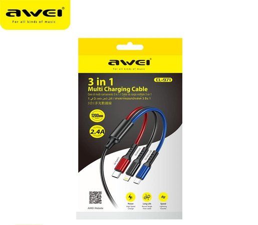Fast Charging 3-in-1 Cable - Awei CL-971 2.4A, 1m Length % Fast Charging 3-in-1 Cable - Awei CL-971 2.4A, 1m Length