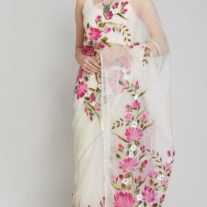 Hand-Printed Half-Silk Saree with Artisan Wool Embroidery