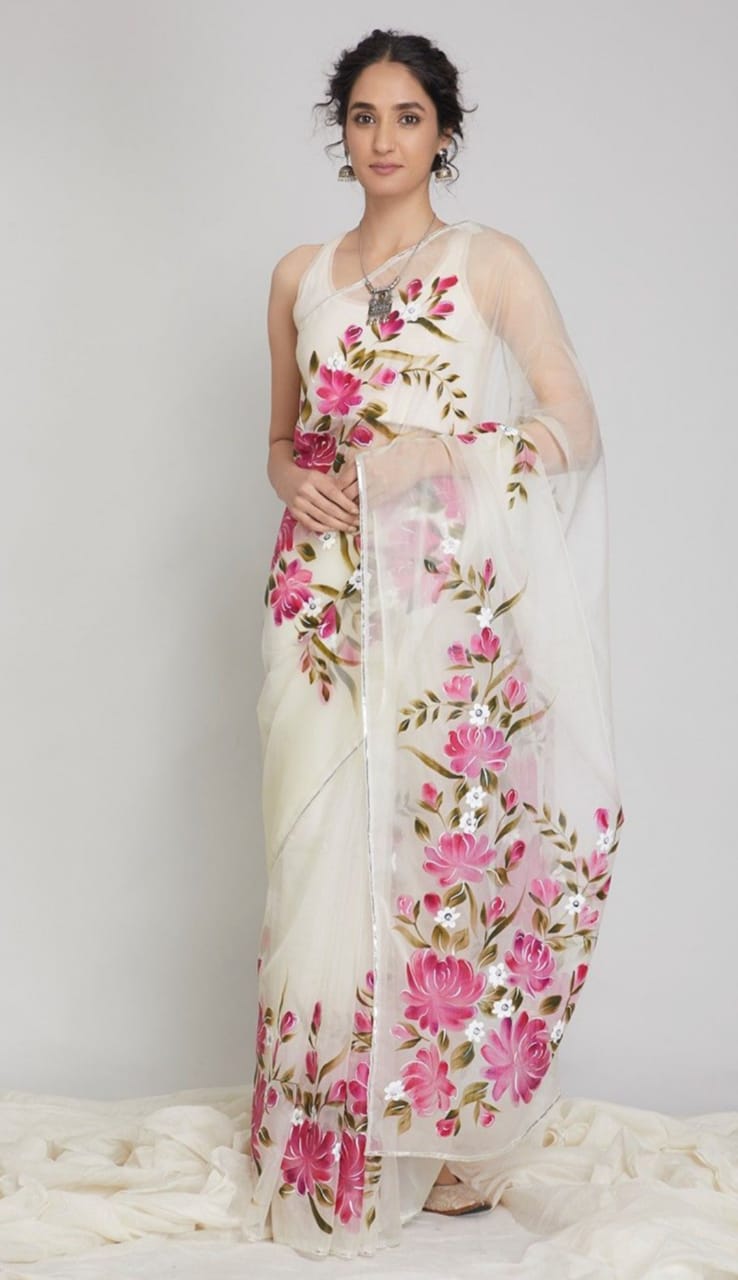 Hand-Printed Half-Silk Saree with Artisan Wool Embroidery % Hand-Printed Half-Silk Saree with Artisan Wool Embroidery